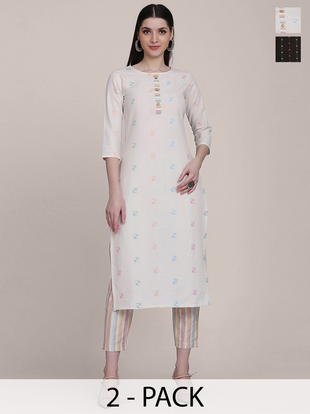 

KALINI Selection Of 2 Geometric Printed Cotton Blend Straight Kurta With Trousers, Cream