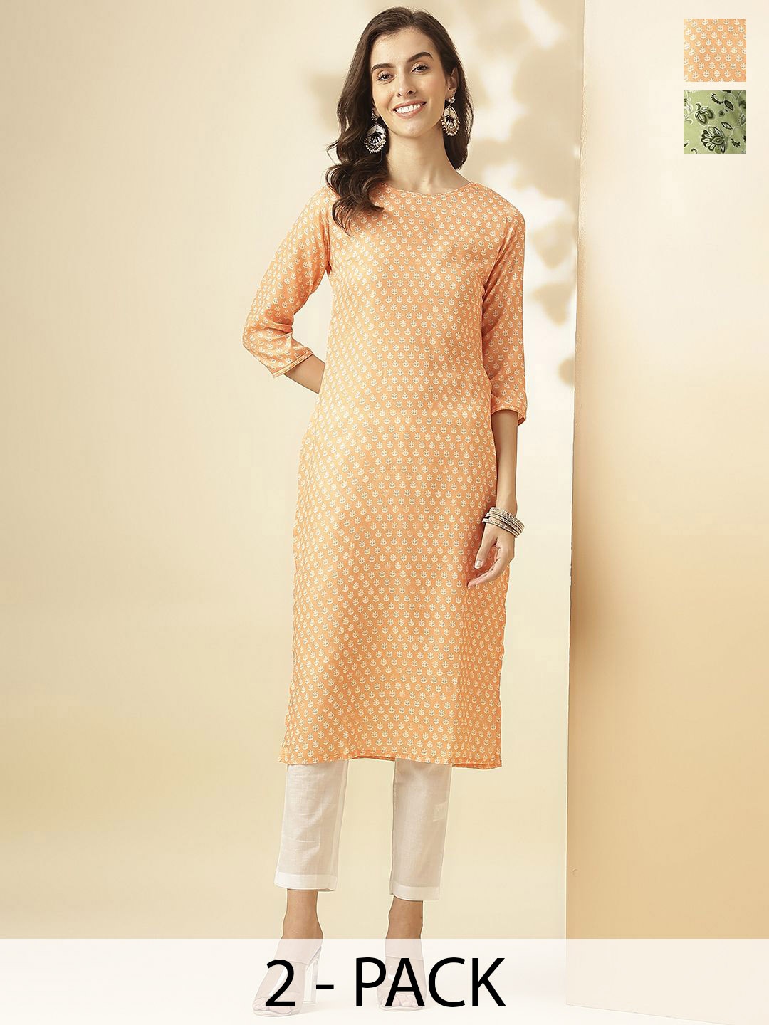 

KALINI Selection Of 2 Floral Printed Round Neck Straight Kurta With Trouser, Orange