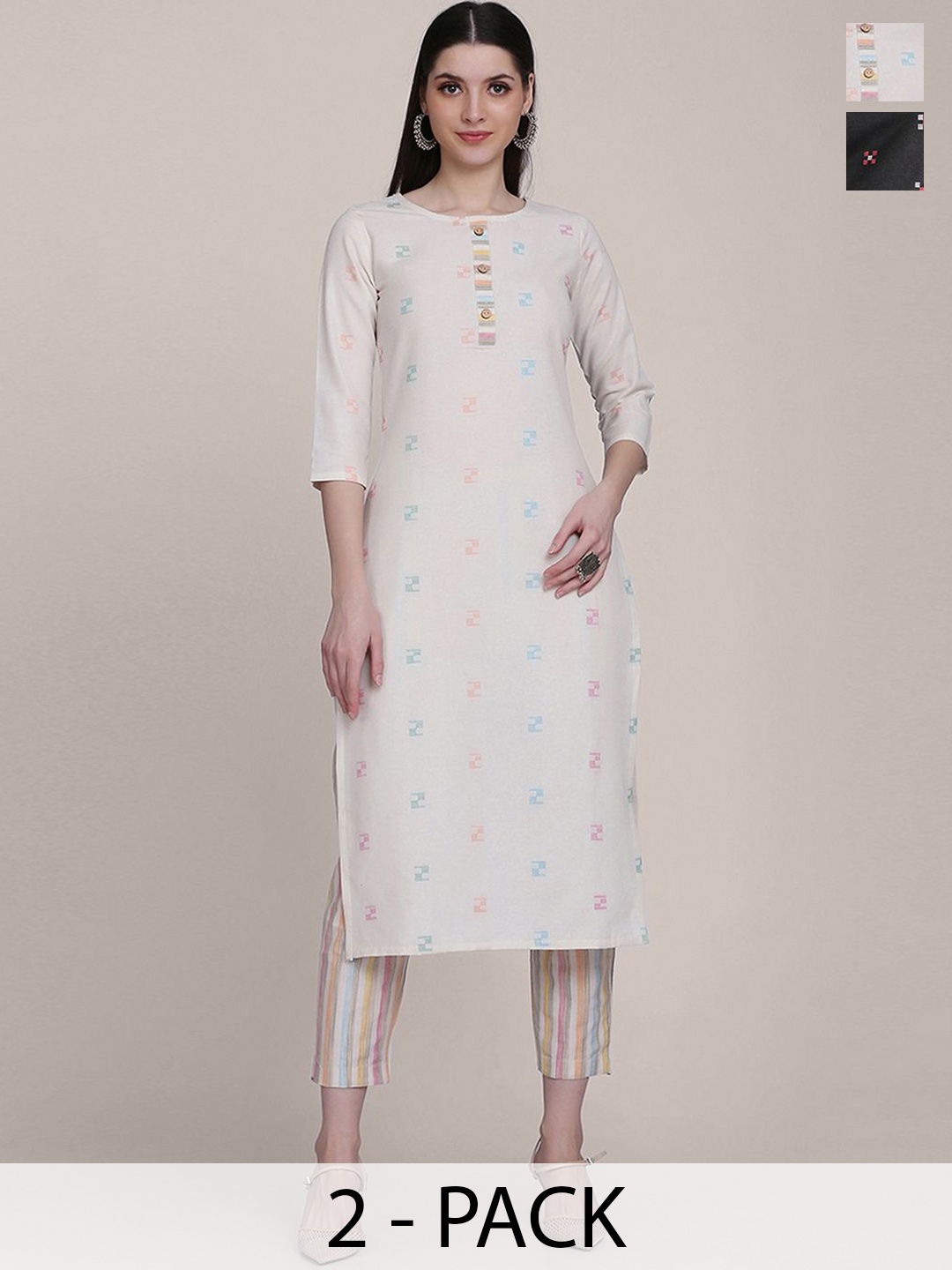 

KALINI Selection Of 2 Geometric Printed Round Neck Straight Kurta With Trouser, White