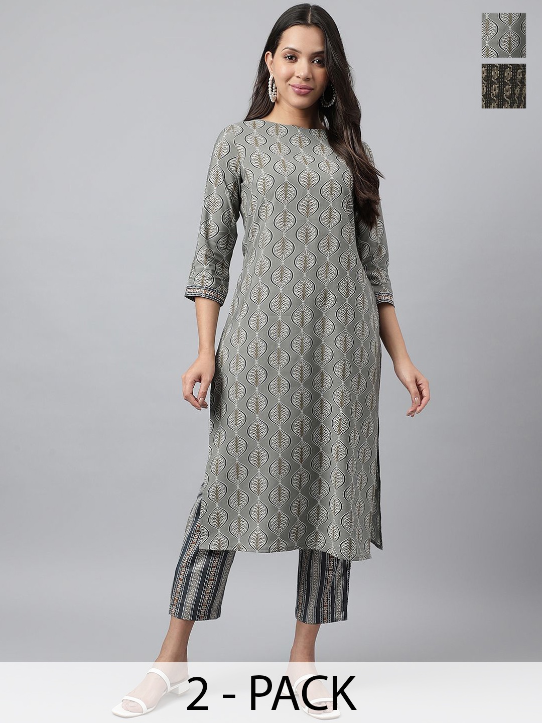 

KALINI Selection Of 2 Floral Printed Round Neck Straight Kurtas With Trousers, Grey