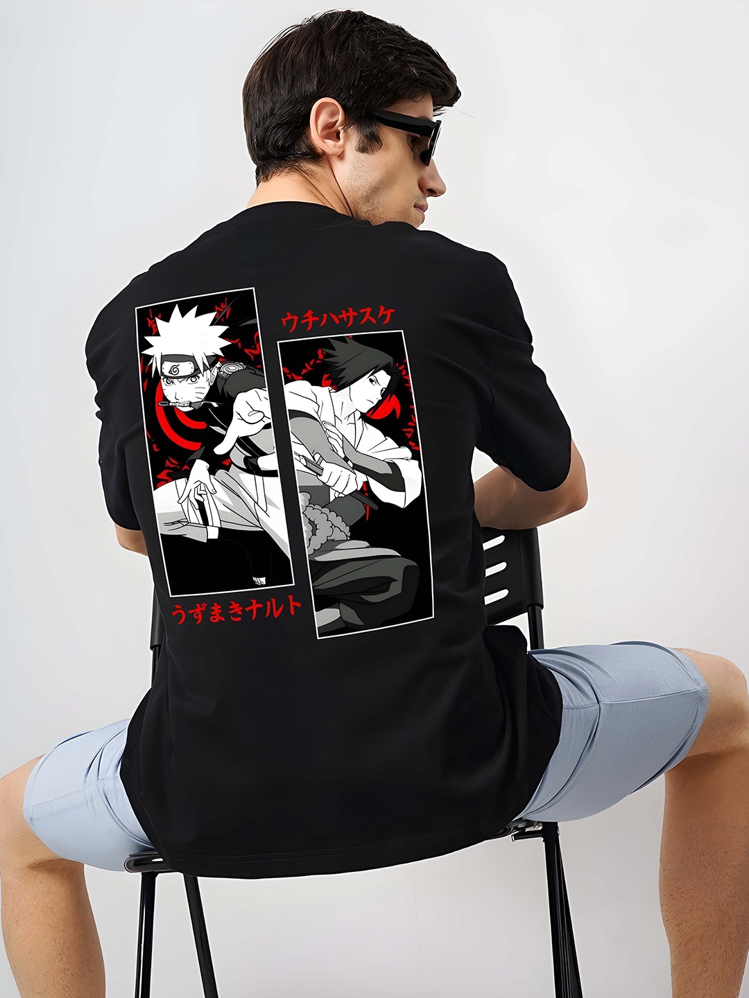 

BOWLIFESTYLE Men Naruto Graphic Printed Round Neck Cotton Oversized T-shirt, Black