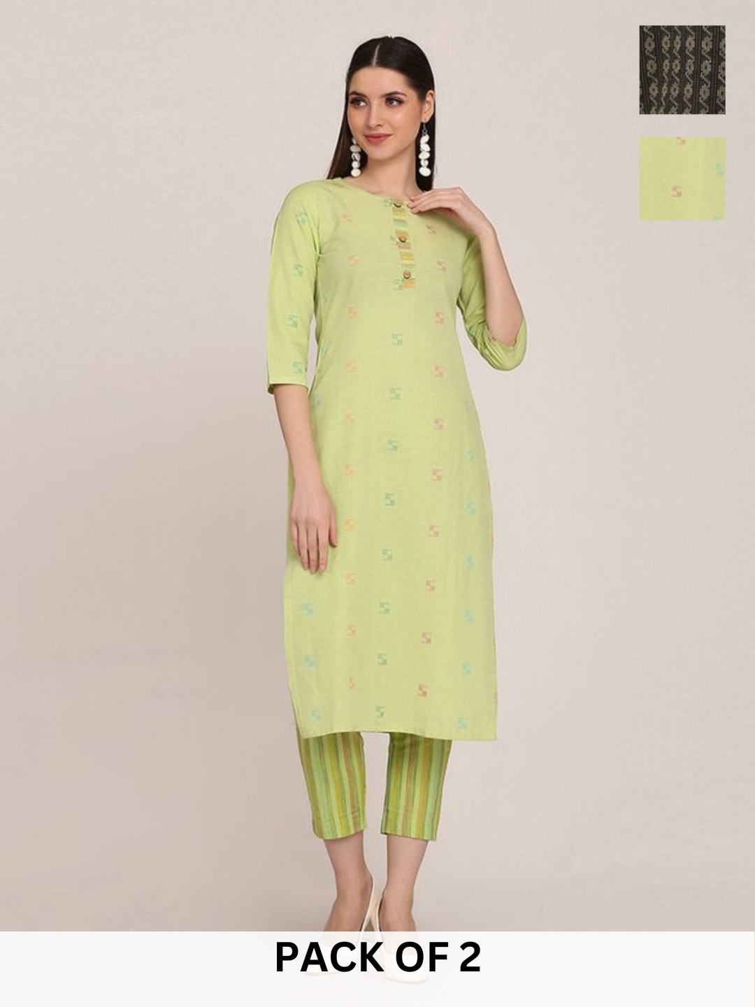 

KALINI Selection Of 2 Geometric Printed Round Neck Straight Kurtas With Trousers, Green