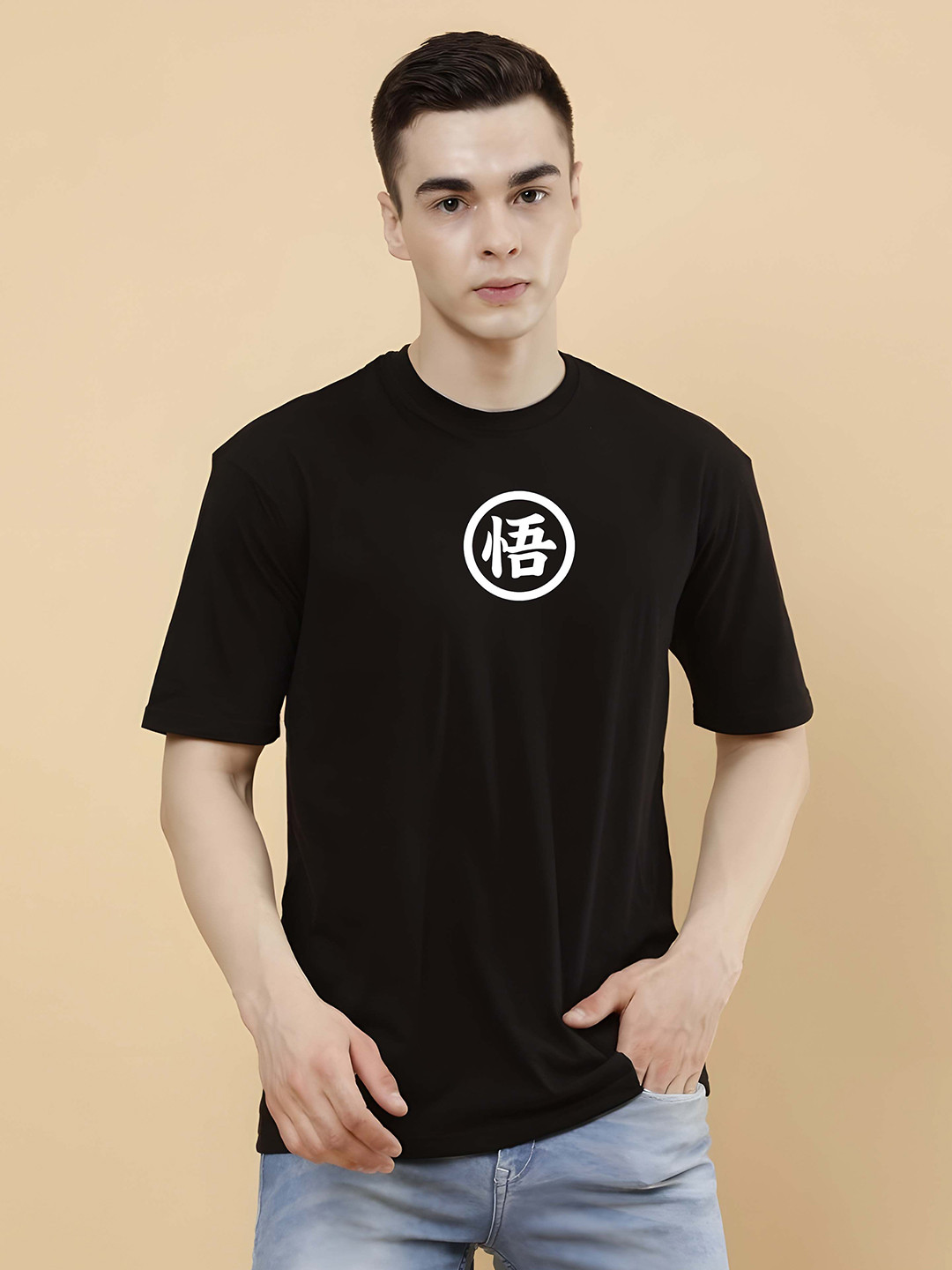 

BOWLIFESTYLE Men Dragon Ball Z Graphic Printed Round Neck Cotton Oversized T-shirt, Black