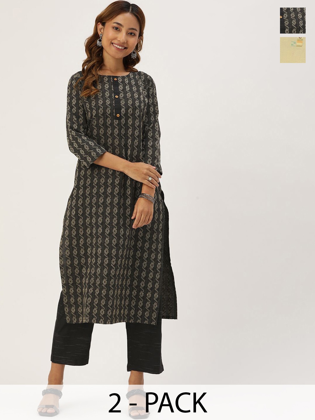 

KALINI Selection Of 2 Ethnic Motifs Printed Straight Kurta With Trousers, Black
