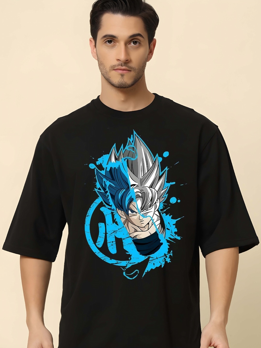 

BOWLIFESTYLE Men Dragon Ball Z Graphic Printed Round Neck Cotton Oversized T-shirt, Black