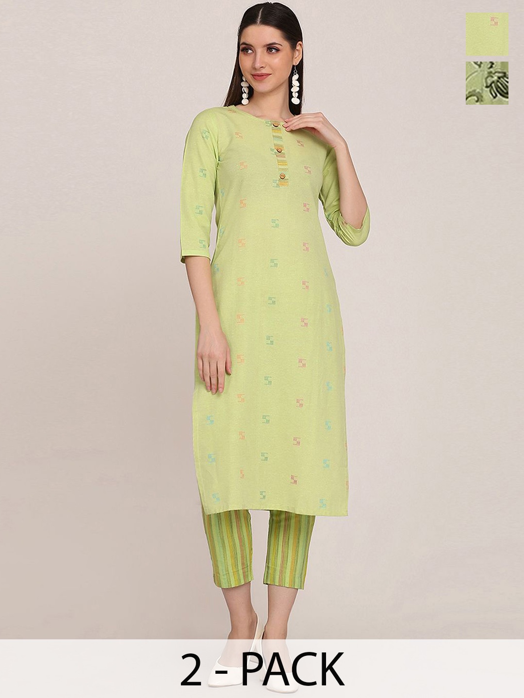 

KALINI Selection Of 2 Geometric Printed Round Neck Straight Kurta With Trouser, Sea green