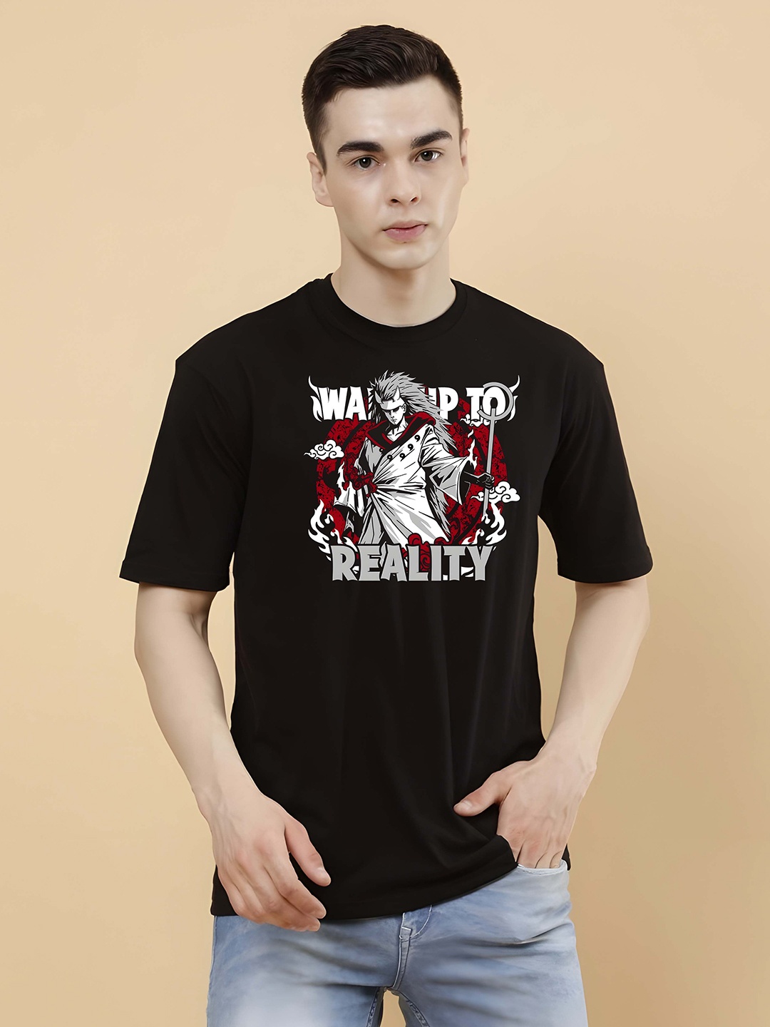 

BOWLIFESTYLE Men Graphic Printed Round Neck Cotton Oversized T-shirt, Black