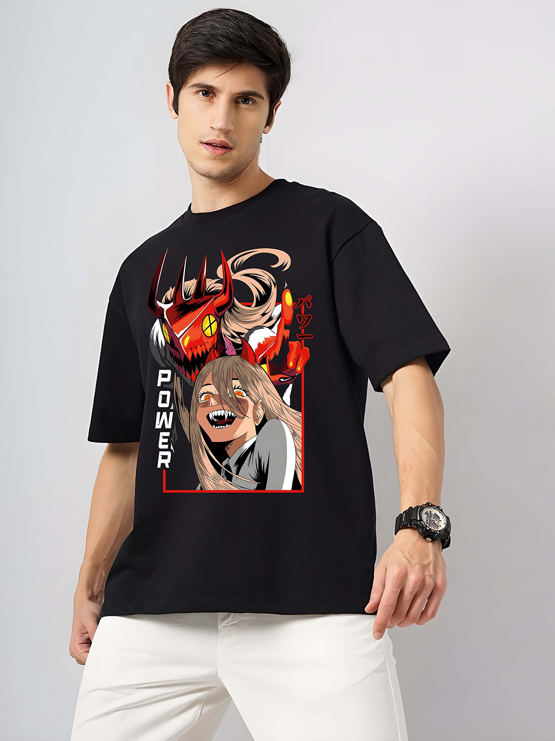 

BOWLIFESTYLE Men Graphic Printed Round Neck Cotton Oversized T-shirt, Black