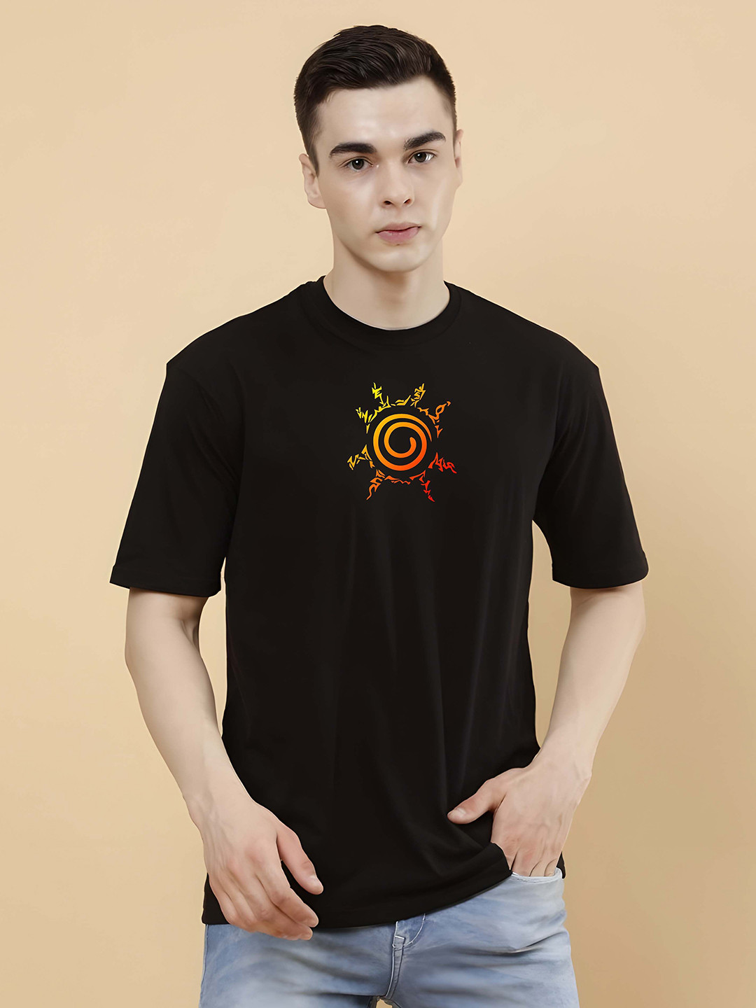 

BOWLIFESTYLE Men Graphic Printed Round Neck Cotton Oversized T-shirt, Black