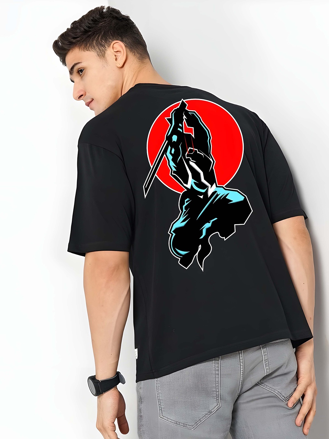 

BOWLIFESTYLE Men Graphic Printed Round Neck Cotton Oversized T-shirt, Black