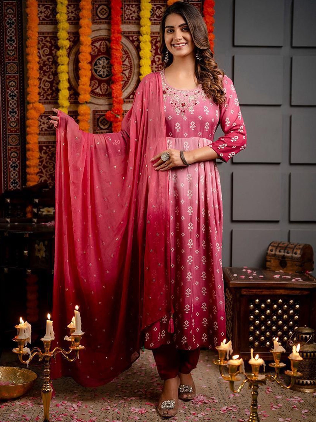 

Gauric creation Floral Printed Thread Work A-Line Kurta With Trousers And Dupatta, Pink