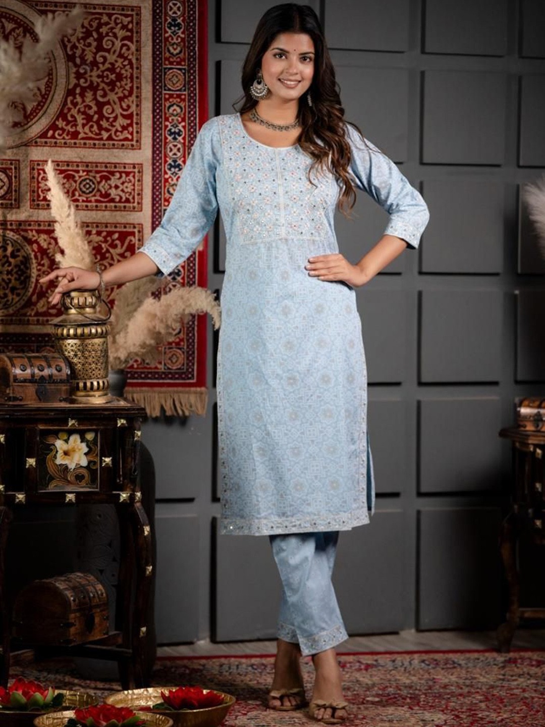 Gauric creation Floral Embroidered Pure Cotton Kurta With Trouser And Dupatta, Blue