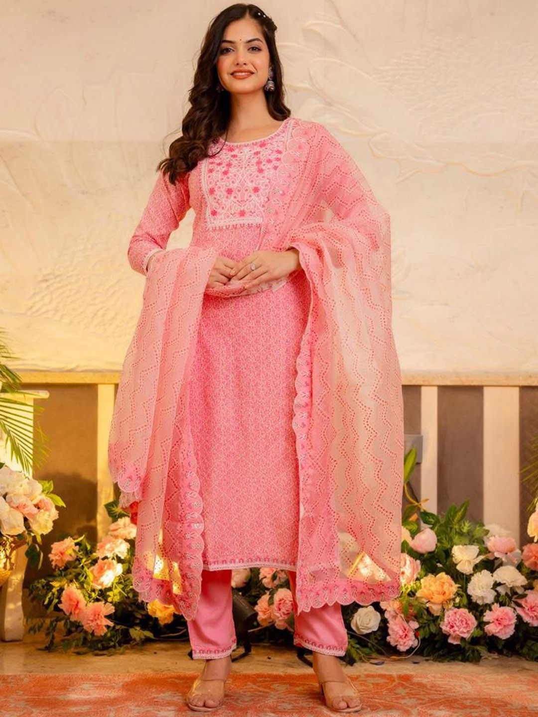 

Gauric creation Floral Printed Embroidered Thread Work Kurta With Trouser And Dupatta, Pink