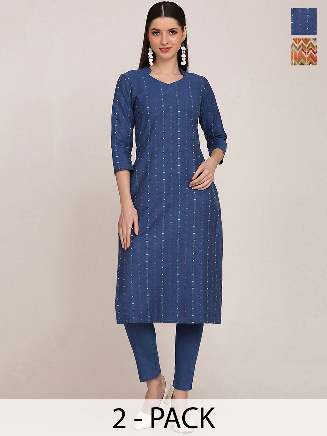 

KALINI Selection Of 2 Geometric Printed Straight Kurta With Trousers, Blue