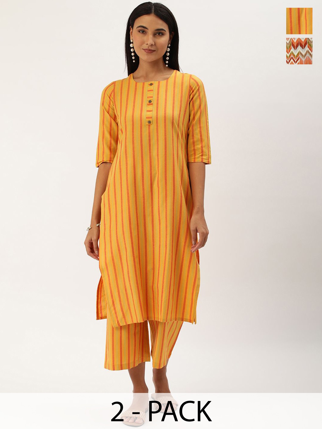 

KALINI Selection Of 2 Striped Round Neck Straight Kurtas With Trousers, Yellow