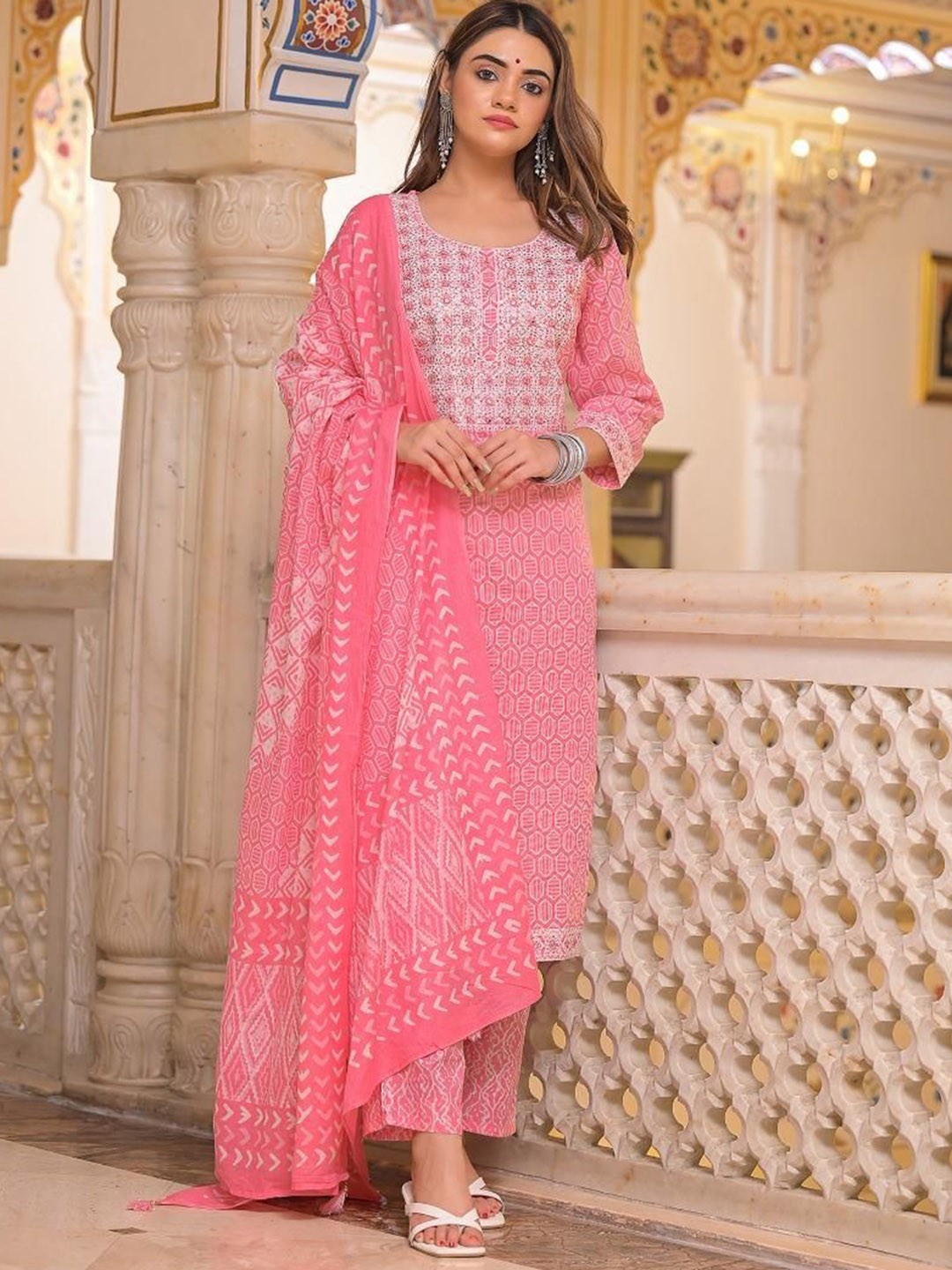 

Gauric creation Geometric Printed Embroidered Pure Cotton Kurta With Trouser And Dupatta, Pink