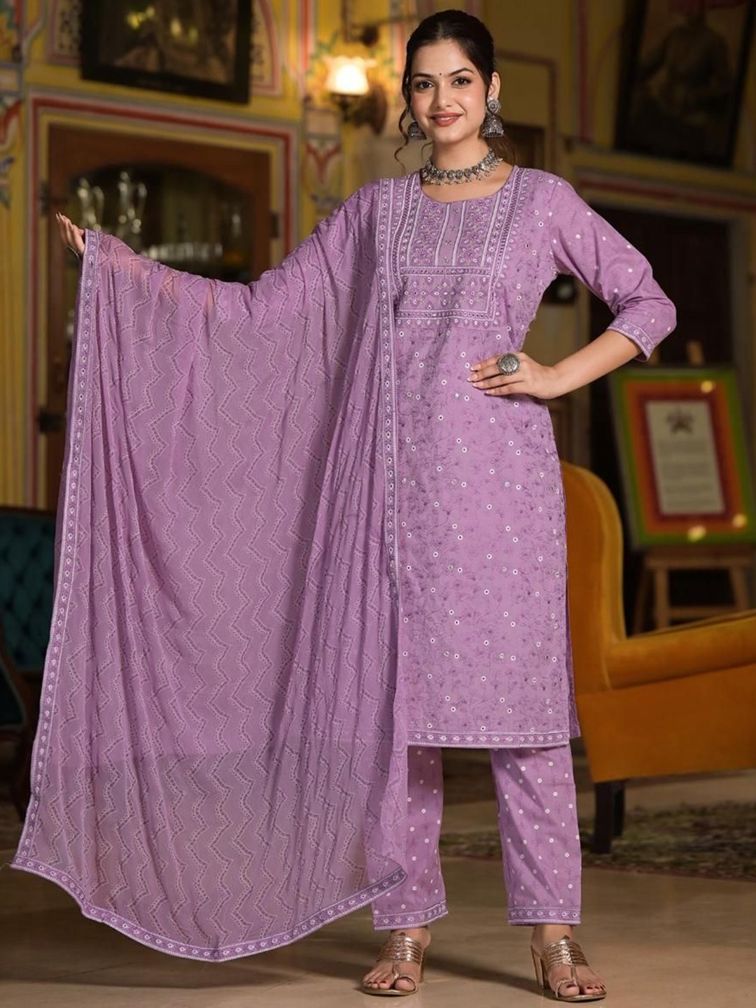 

Gauric creation Floral Embroidered Chikankari Pure Cotton Kurta With Trouser And Dupatta, Lavender