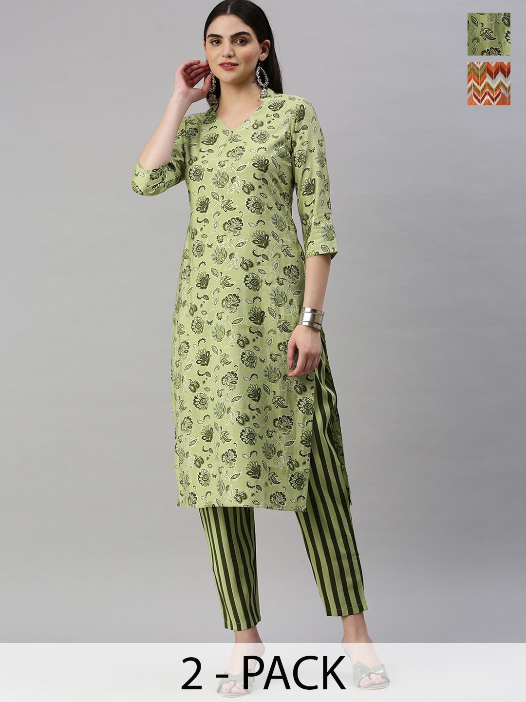 

KALINI Selection Of 2 Floral Printed Round Neck Straight Kurtas With Trousers, Green