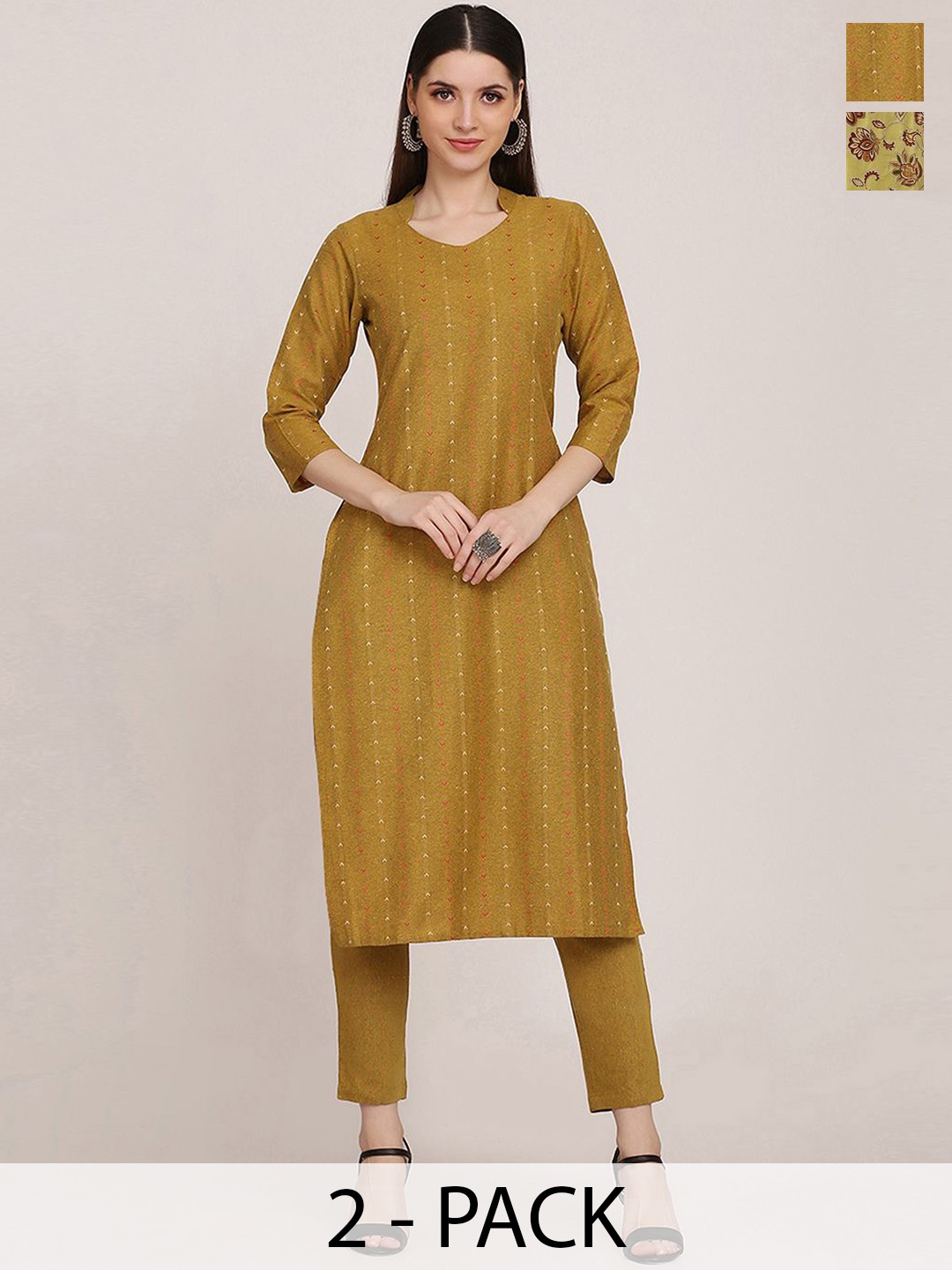 

KALINI Selection Of 2 Geometric Printed Straight Kurta with Trousers, Mustard