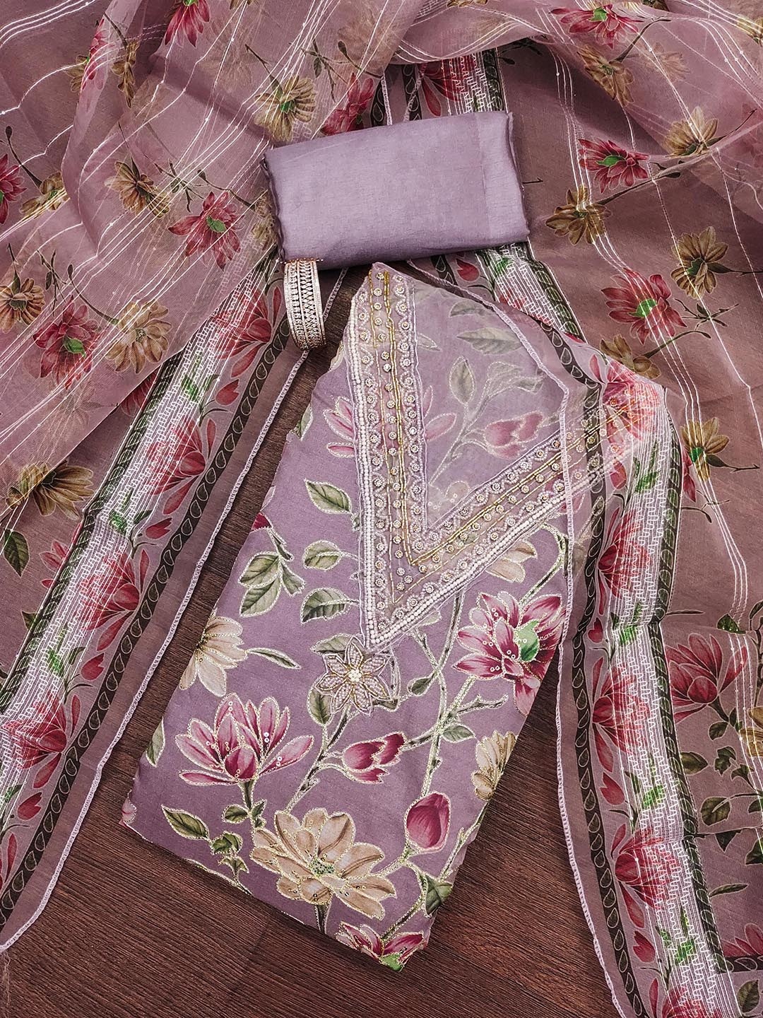 

HERE&NOW Floral Printed Beads And Stones Organza Unstitched Dress Material, Purple
