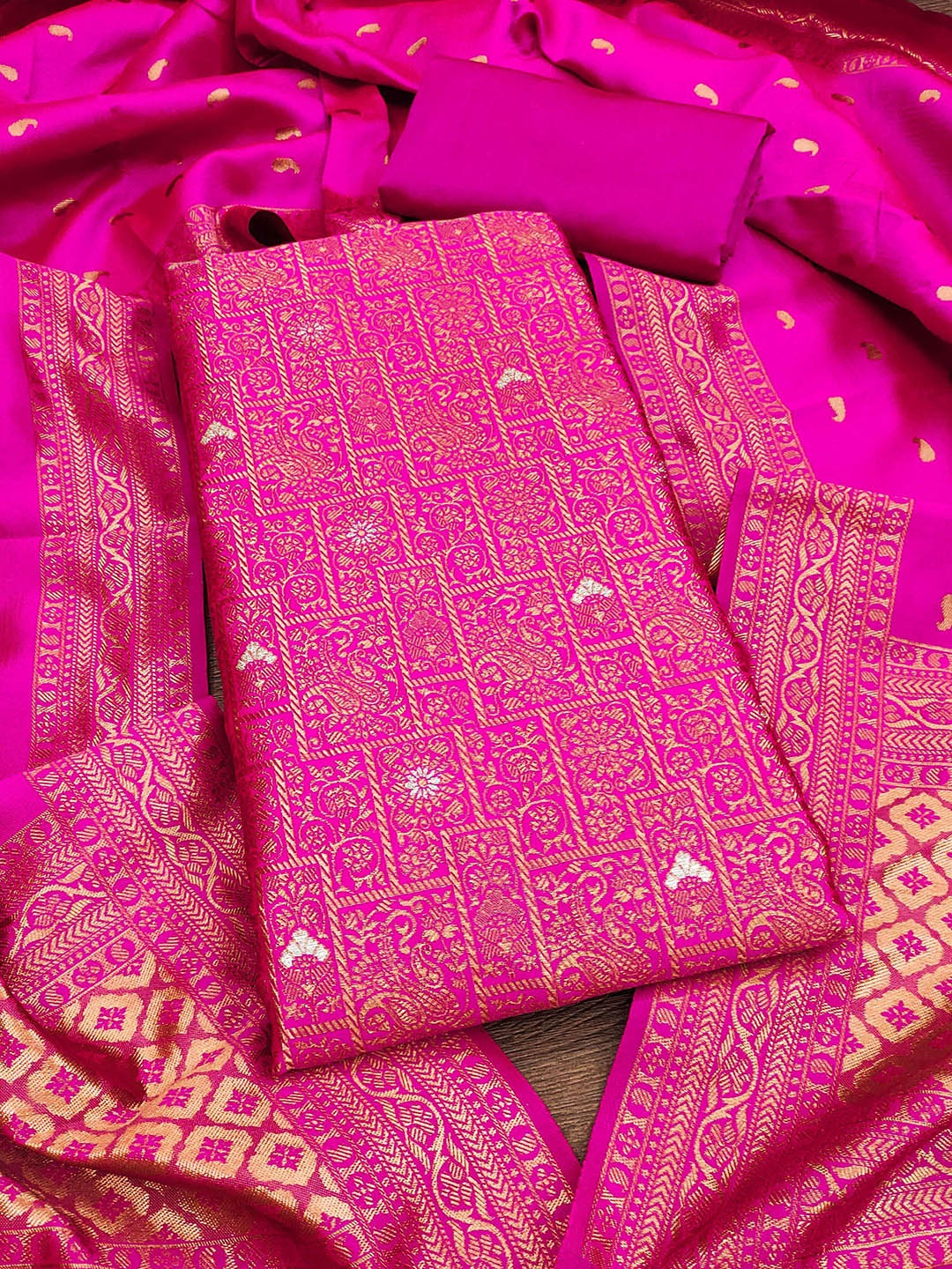

HERE&NOW Ethnic Motifs Woven Design Jacquard Silk Unstitched Dress Material, Pink