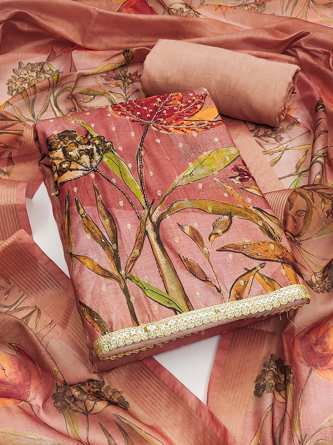 

HERE&NOW Floral Embroidered Beads And Stones Unstitched Dress Material, Peach
