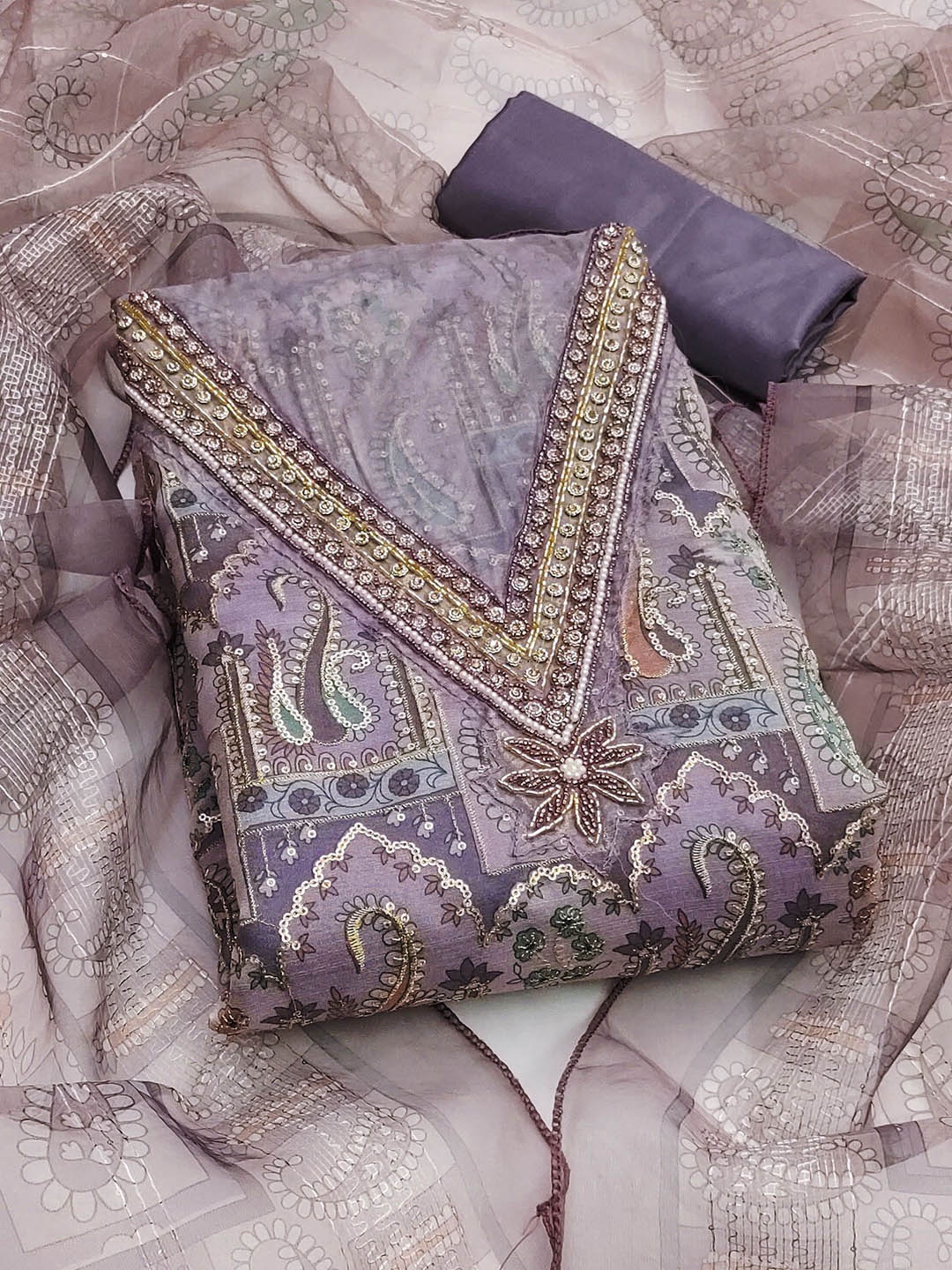 

HERE&NOW Ethnic Motifs Embroidered Sequinned Organza Unstitched Dress Material, Lavender