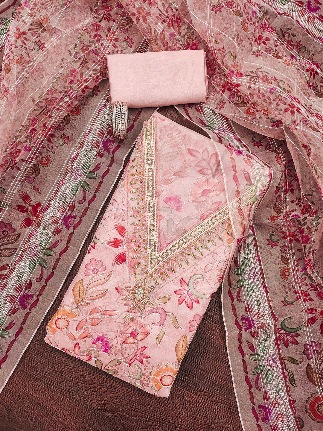 

HERE&NOW Floral Embellished Organza Unstitched Dress Material, Pink