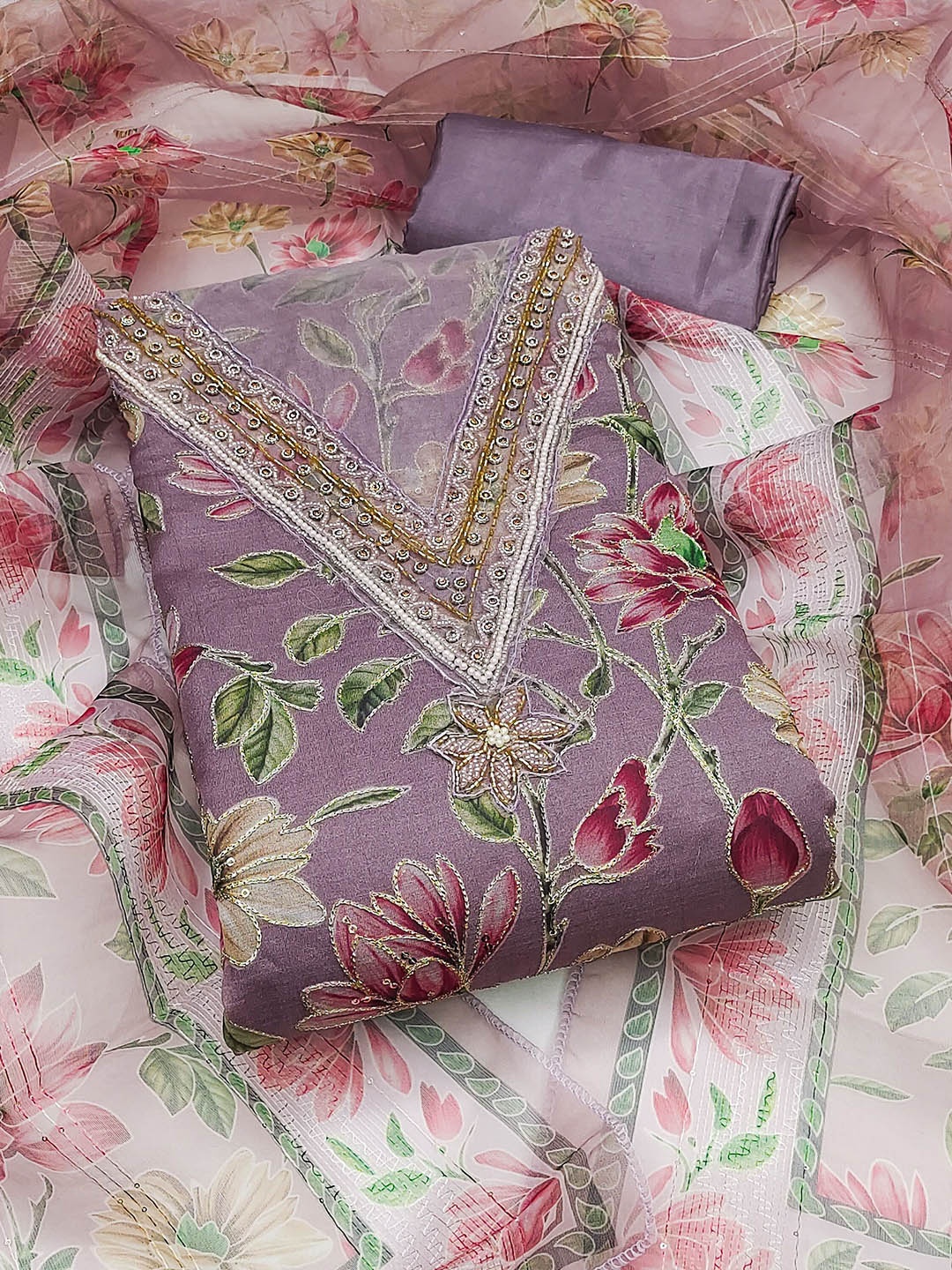 

HERE&NOW Floral Embellished Organza Unstitched Dress Material, Purple