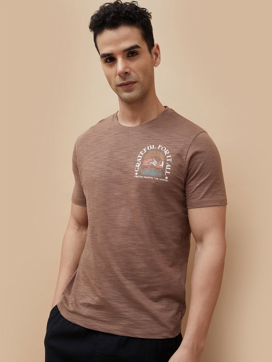 

CODE by Lifestyle Men Graphic Printed Round Neck Cotton T-shirt, Brown