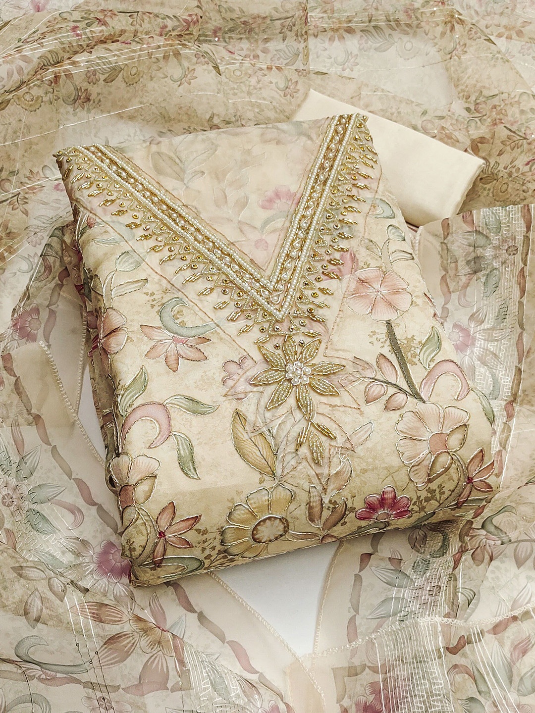 

HERE&NOW Floral Embellished Organza Unstitched Dress Material, Off white
