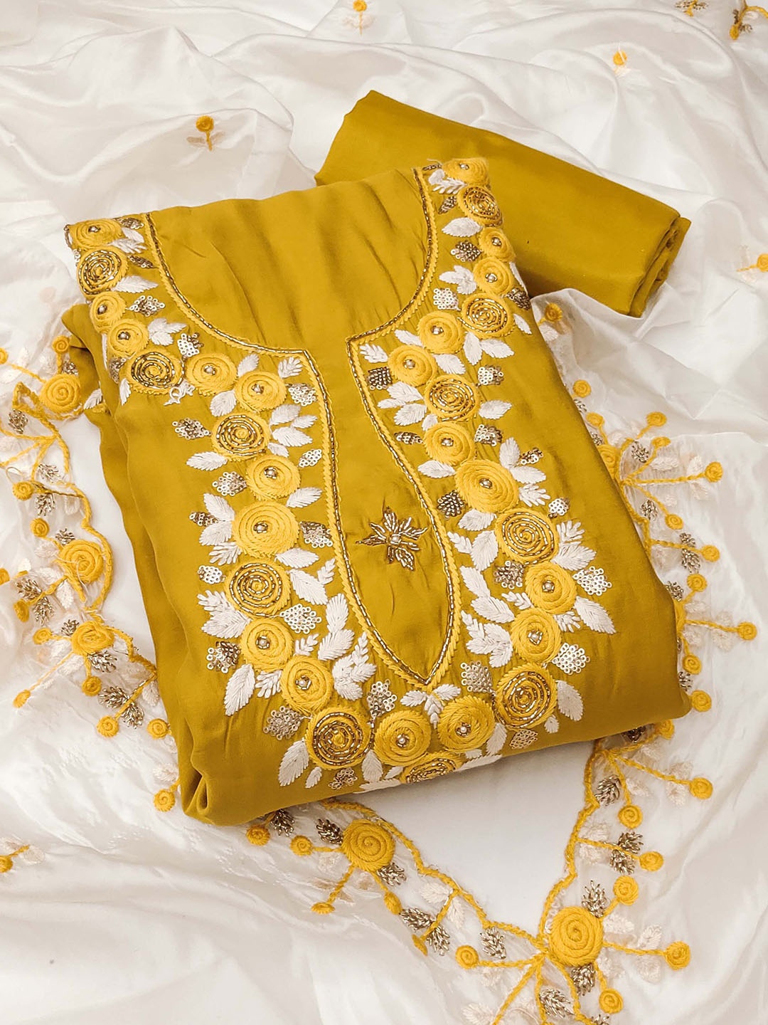 

HERE&NOW Floral Embroidered Sequinned Unstitched Dress Material, Mustard