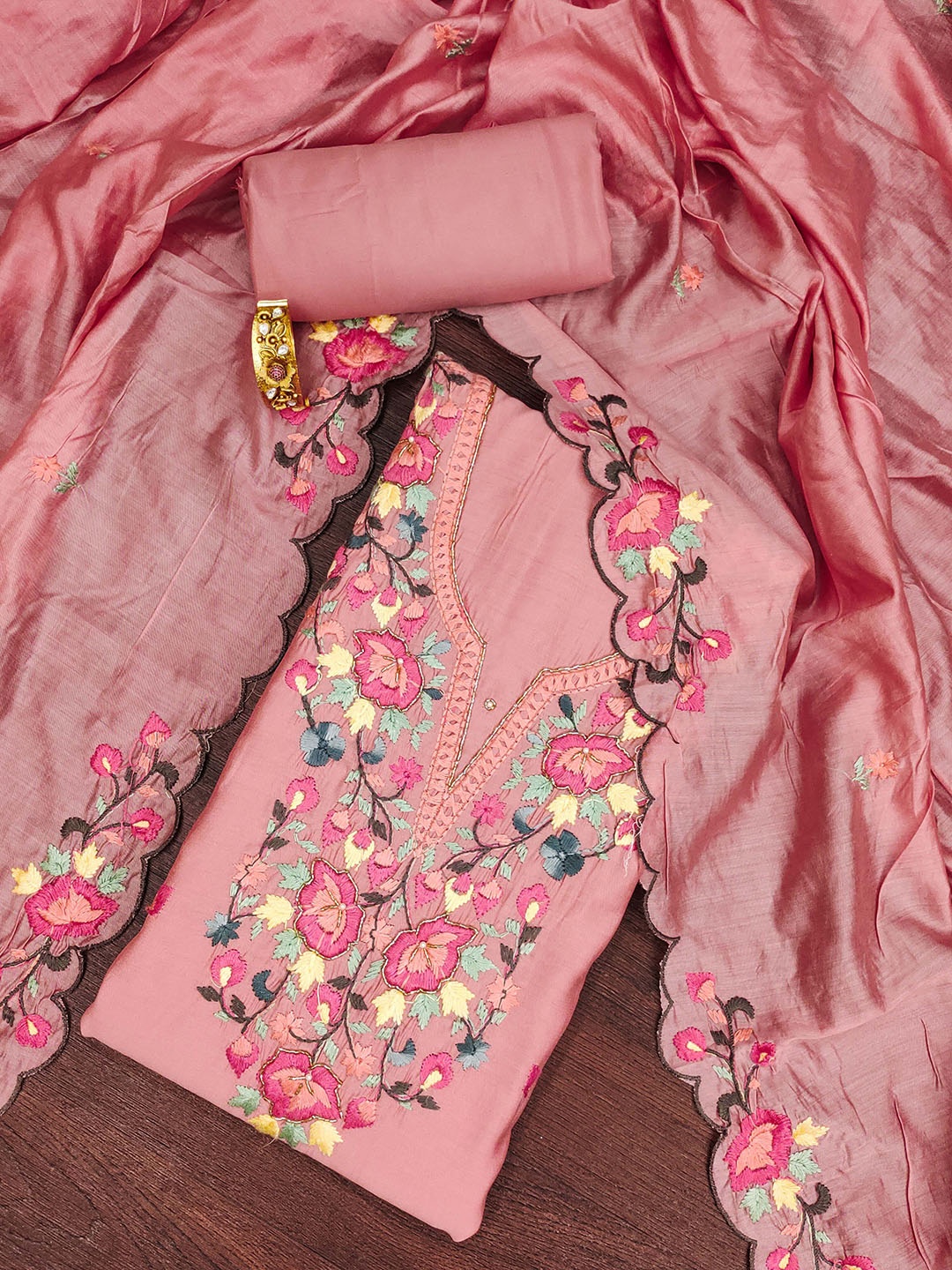 

HERE&NOW Floral Embroidered Thread Work Roman Silk Unstitched Dress Material, Peach