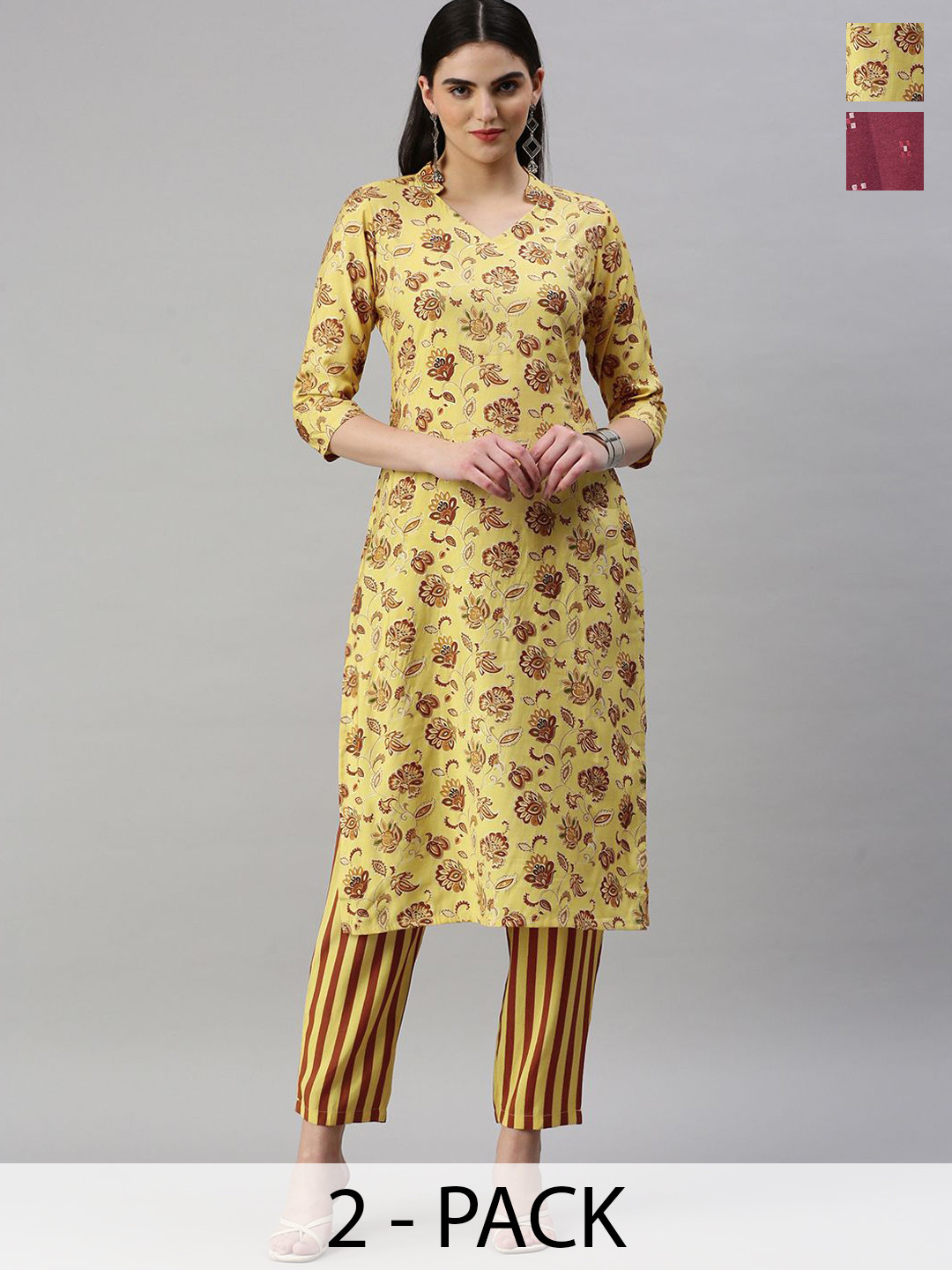 

KALINI Floral Printed Round Neck Kurta With Trouser, Yellow