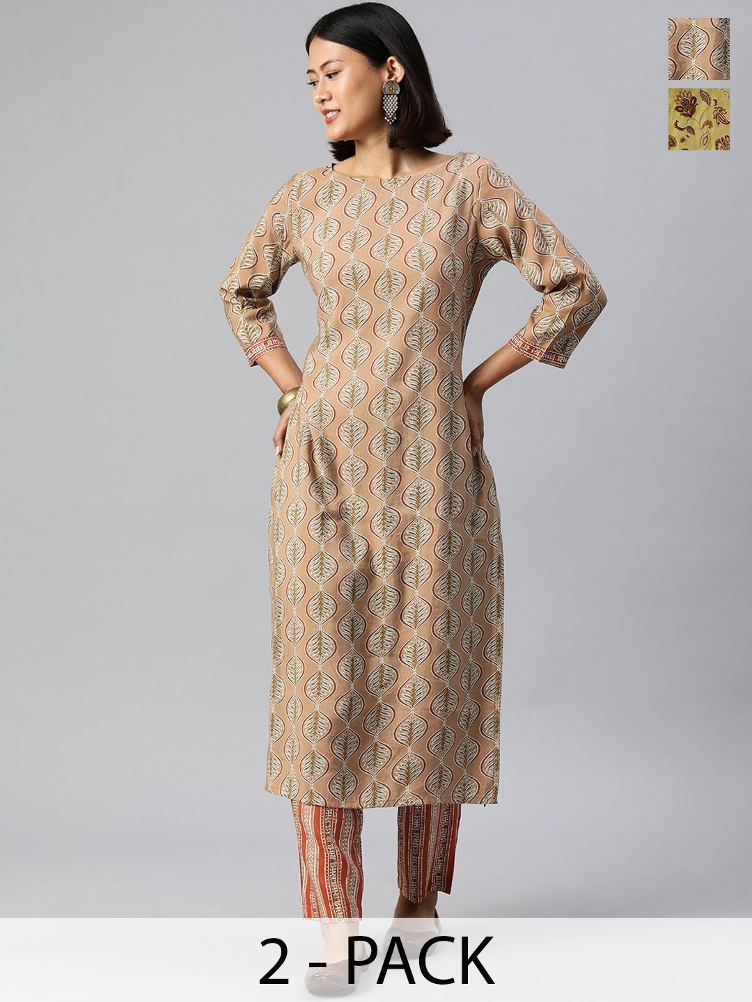 

KALINI Ethnic Motifs Printed Round Neck Kurta With Trouser, Brown