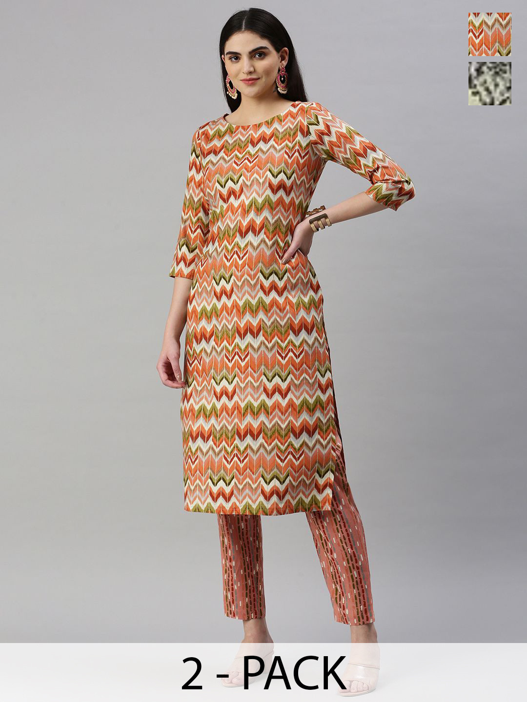 

KALINI Selection Of 2 Chevron Printed Straight Kurta With Trouser, Rust