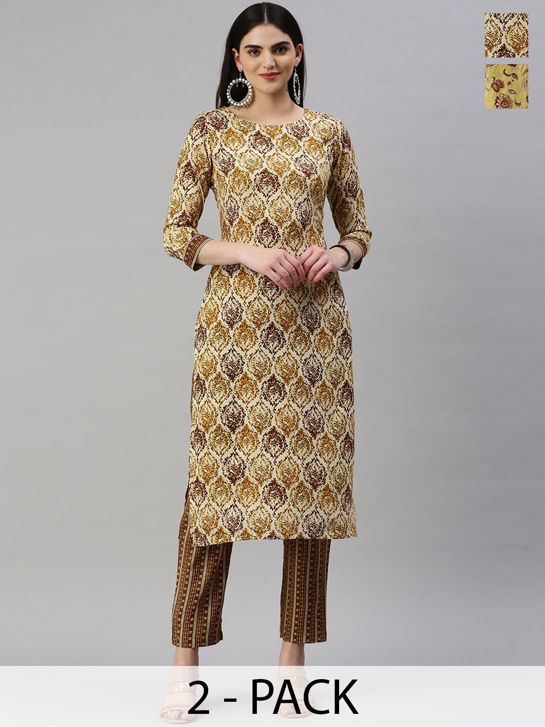 

KALINI Selection Of 2 Ethnic Motifs Printed Round Neck Straight Kurta With Trouser, Yellow