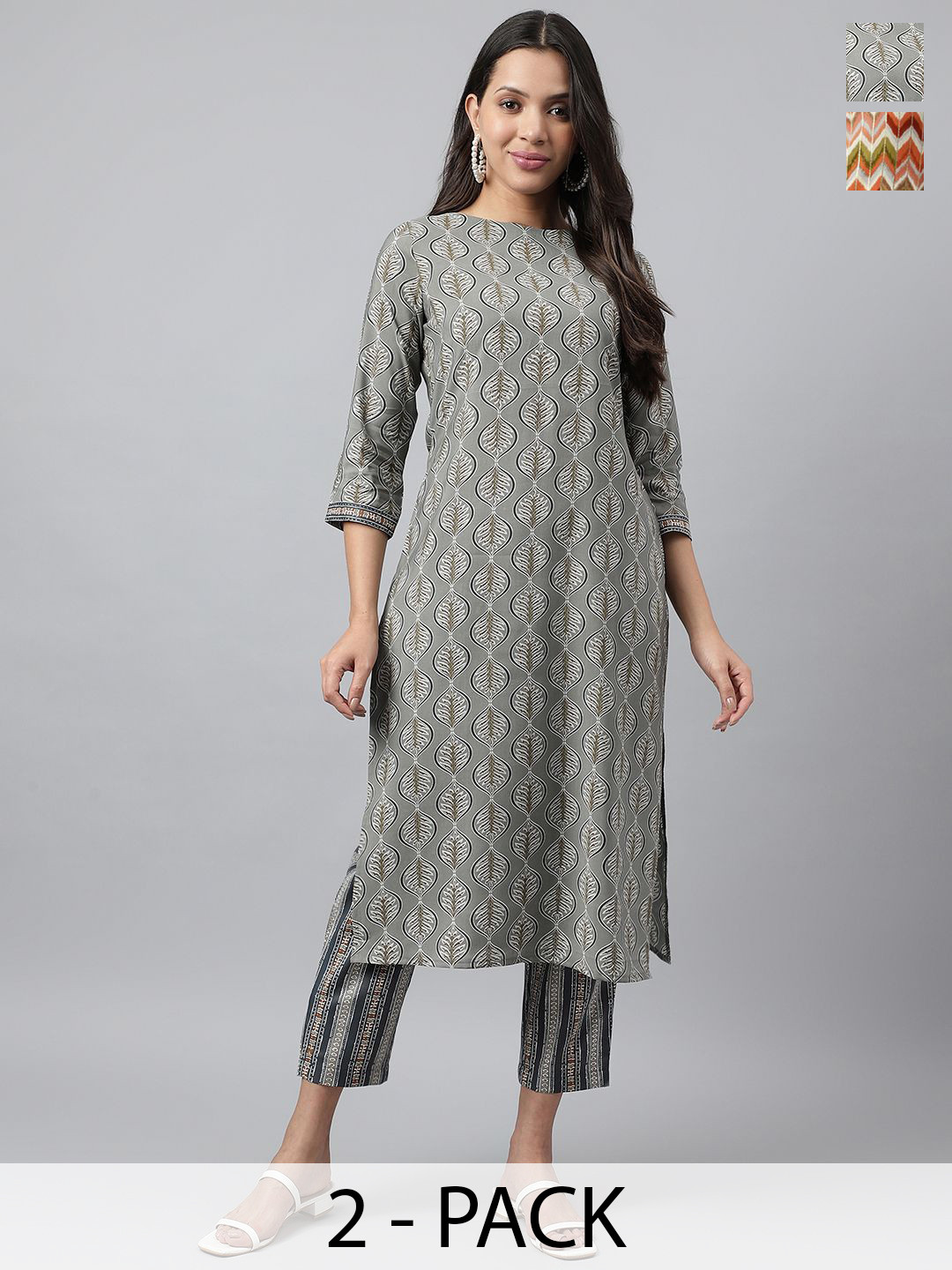 

KALINI Selection Of 2 Floral Printed Round Neck Straight Kurtas With Trousers, Grey