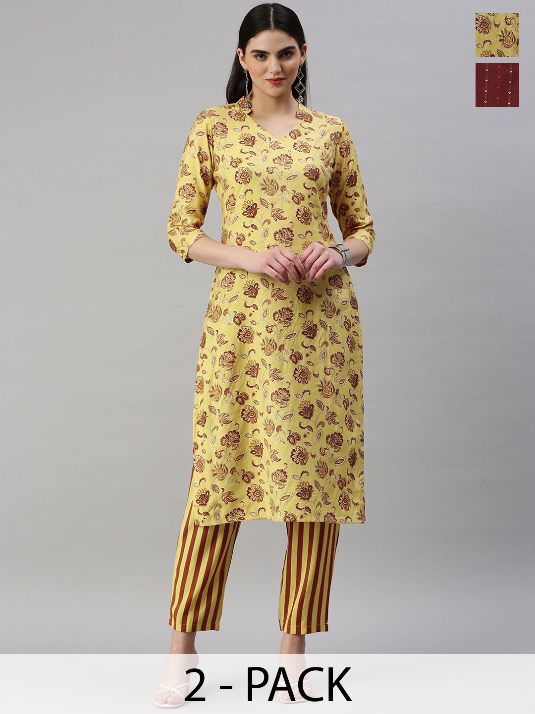 

KALINI Floral Printed Mandarin Collar Kurta With Trouser, Yellow