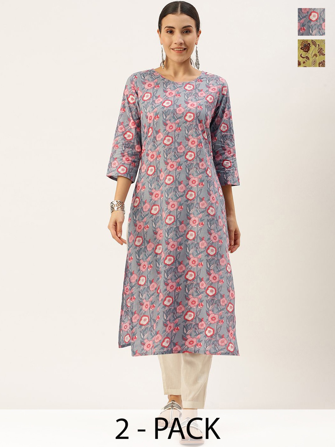 

KALINI Selection Of 2 FloralPrinted Round Neck Straight Kurtas With Trousers, Grey