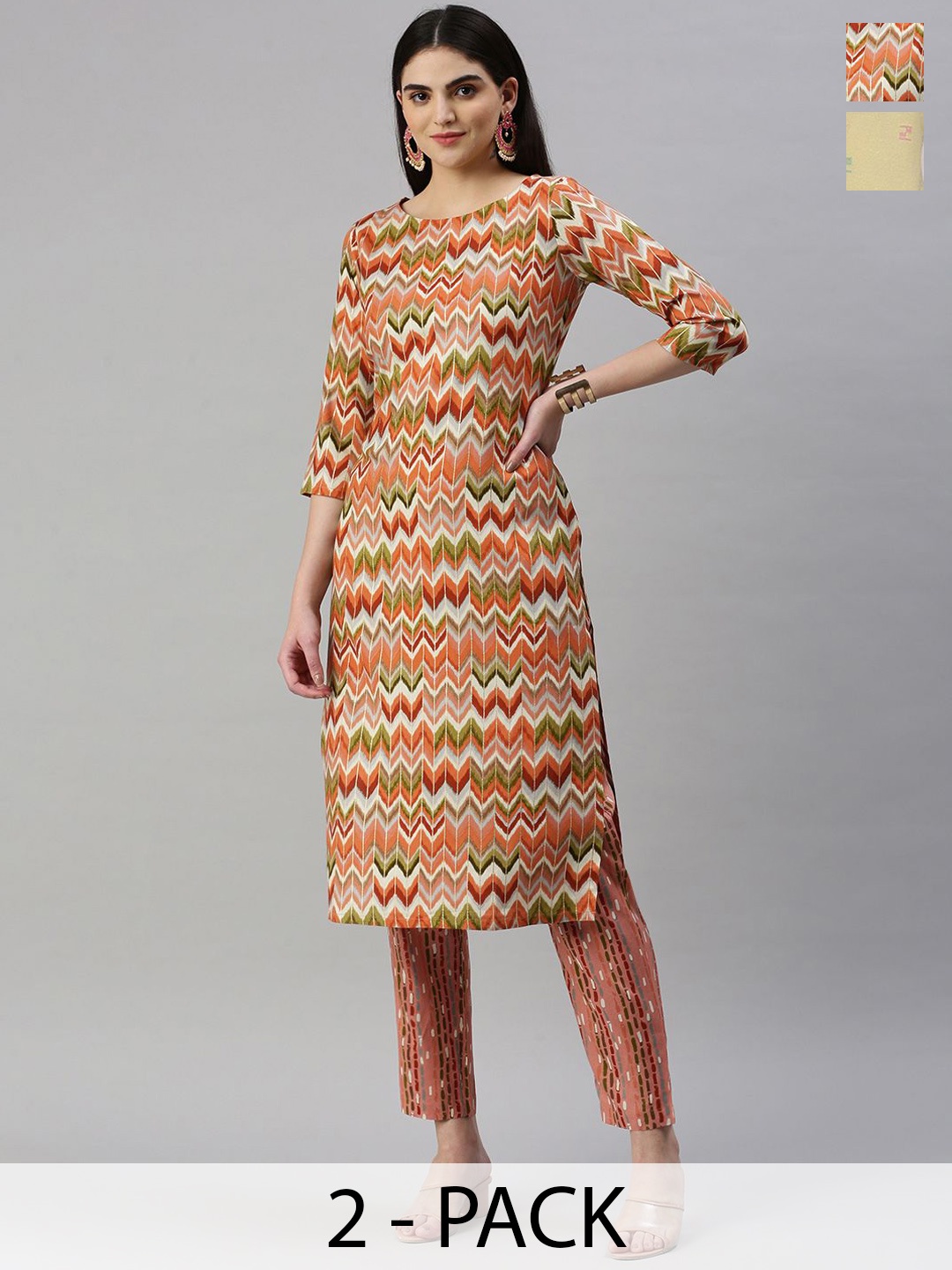 

KALINI Selection Of 2 Chevron Printed Round Neck Straight Kurtas With Trousers, Orange