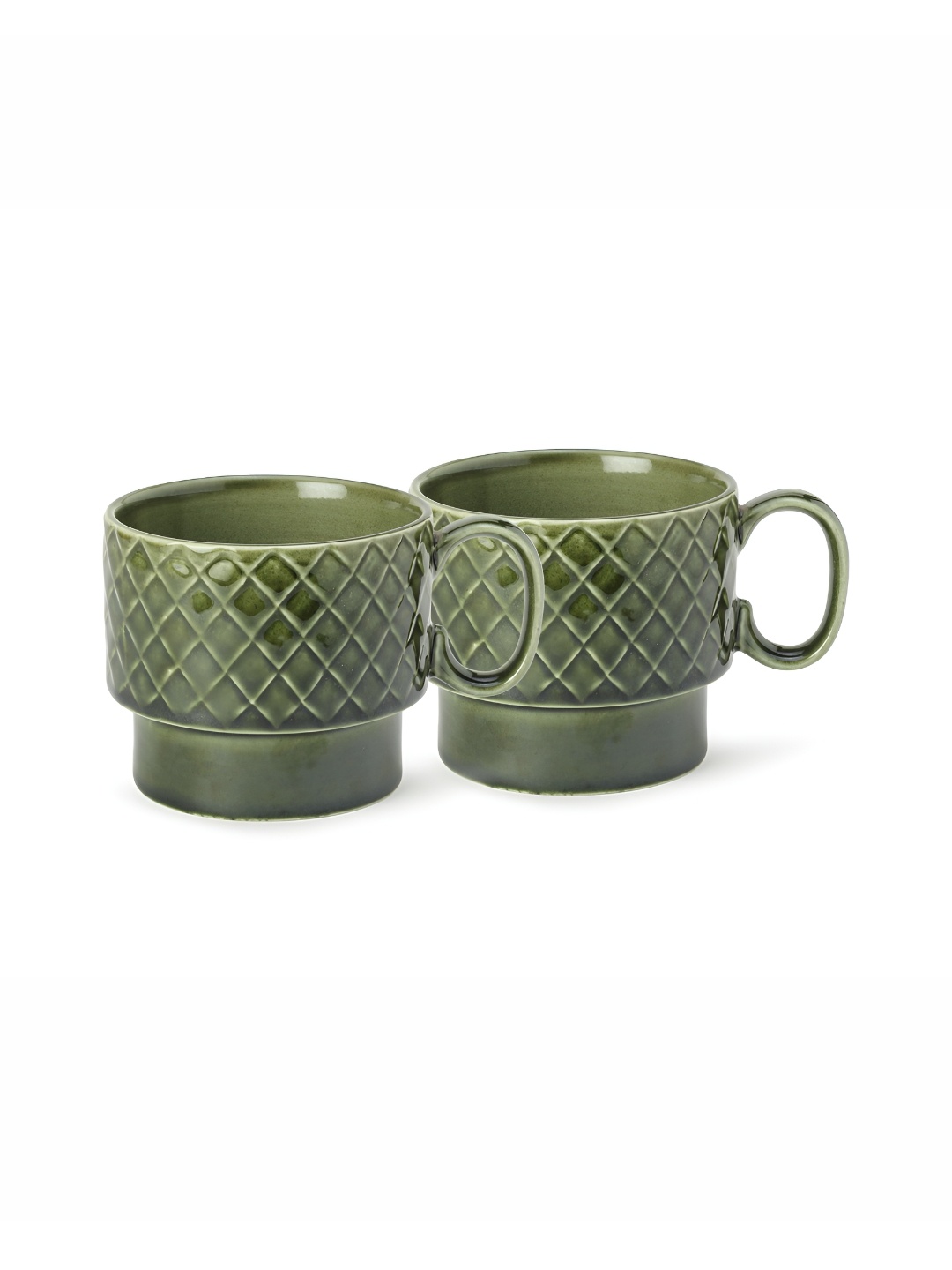 

BODHI HOUSE Green & White 2 Pieces Checked Glossy Ceramic Mugs 500ml Each