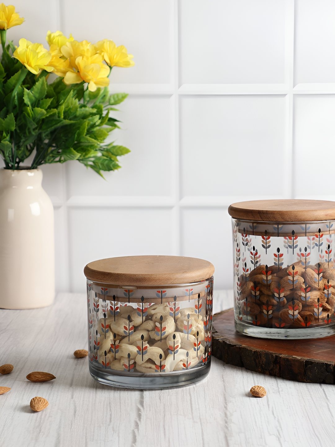 

EK DO DHAI Transparent & Brown 2 Pieces Floral Printed Airtight Glass Canister Container