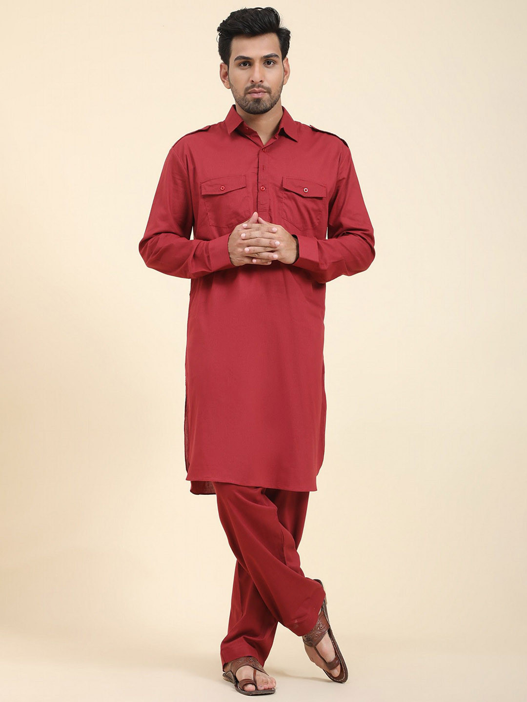 

Moda Rapido Shirt Collar Pure Cotton Pathani Kurta With Pyjamas, Red