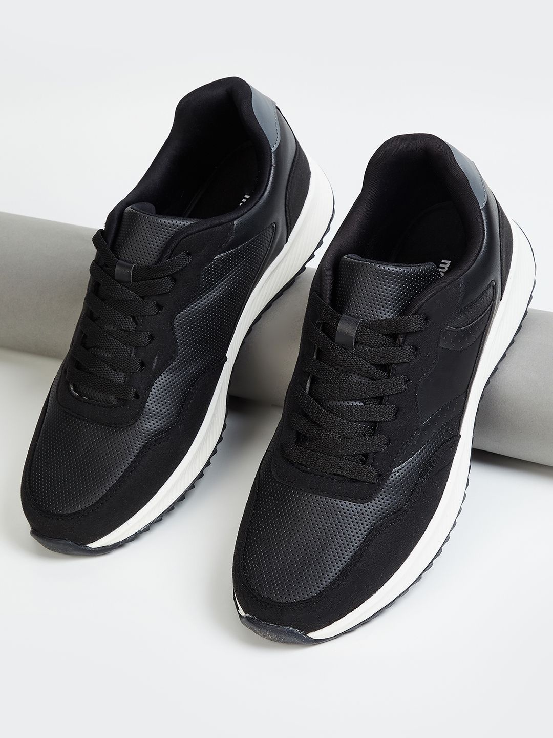 

max Men Woven Design PU Sneakers, Black