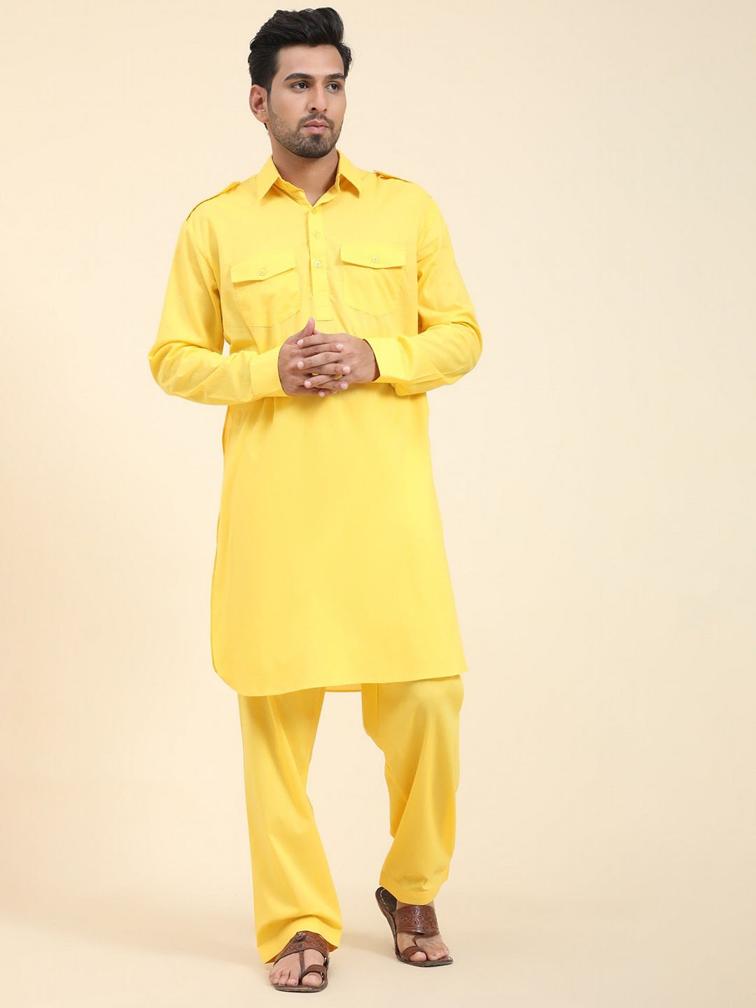 

Moda Rapido Shirt Collar Pure Cotton Pathani Kurta With Pyjamas, Yellow