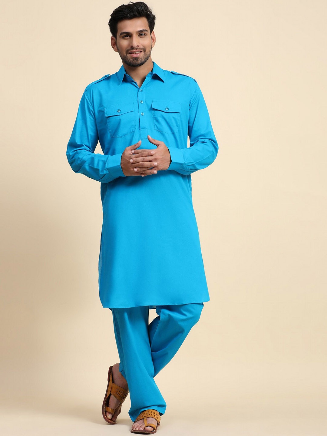 

Moda Rapido Shirt Collar Pure Cotton Pathani Kurta With Pyjamas, Blue