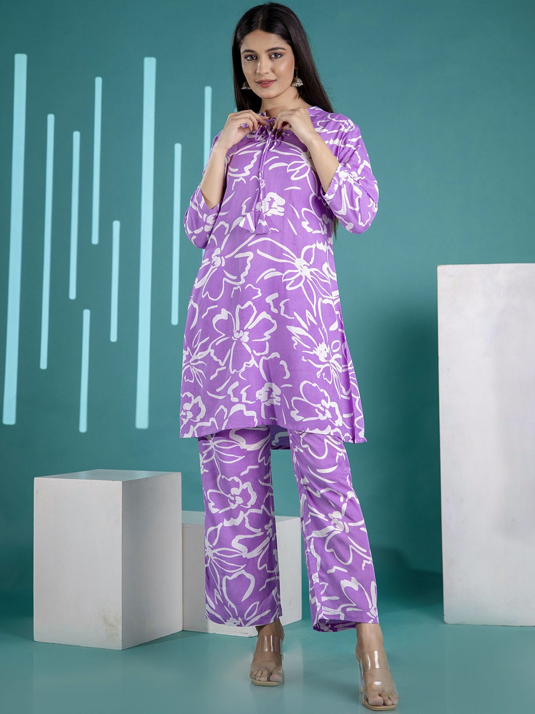 

Anouk Purple Floral Printed Mandarin Collar Pure Cotton Top And Trouser