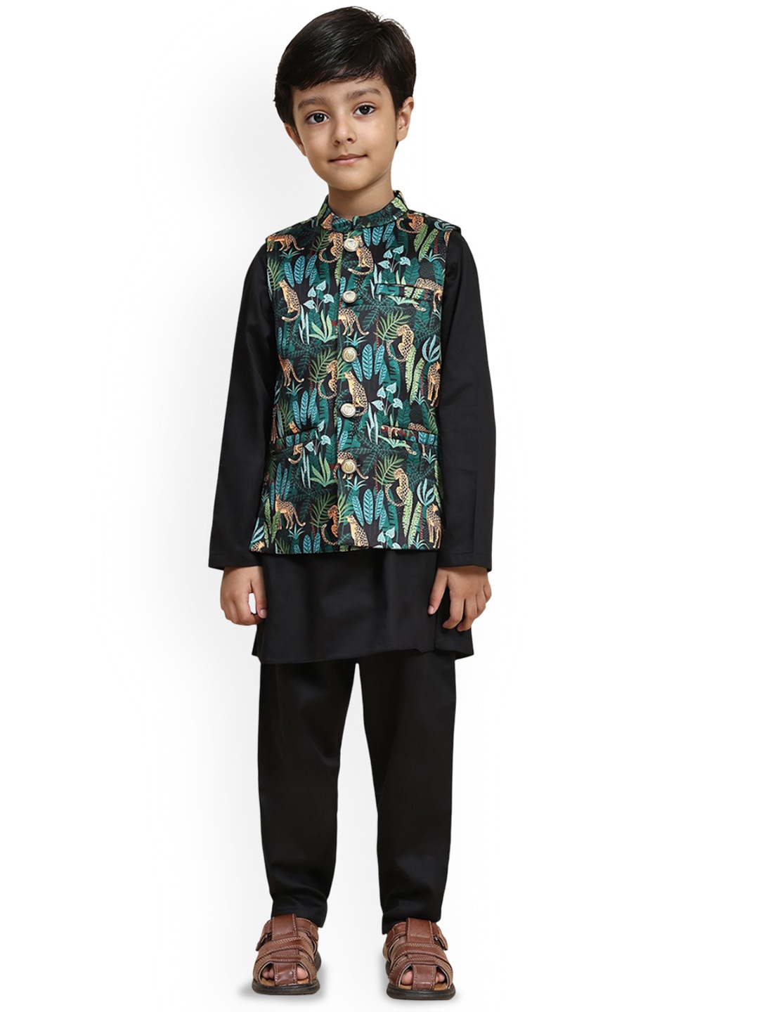 

Funny Bones Clothings Boys Animal Printed Band Collar Pure Cotton Kurta With Pyjama & Koti, Black