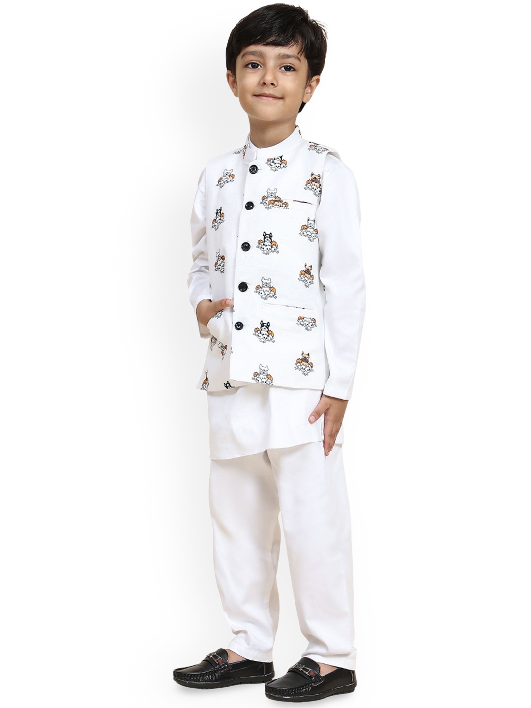 

Funny Bones Clothings Boys Animals Printed Band Collar Kurta With Pyjamas And Koti, White